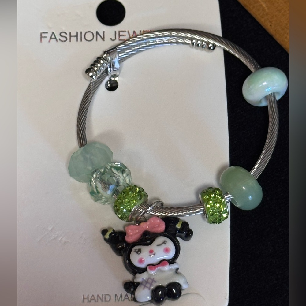 Stainless Steel Kuromi Green and Silver Charm Adjustable Bracelet